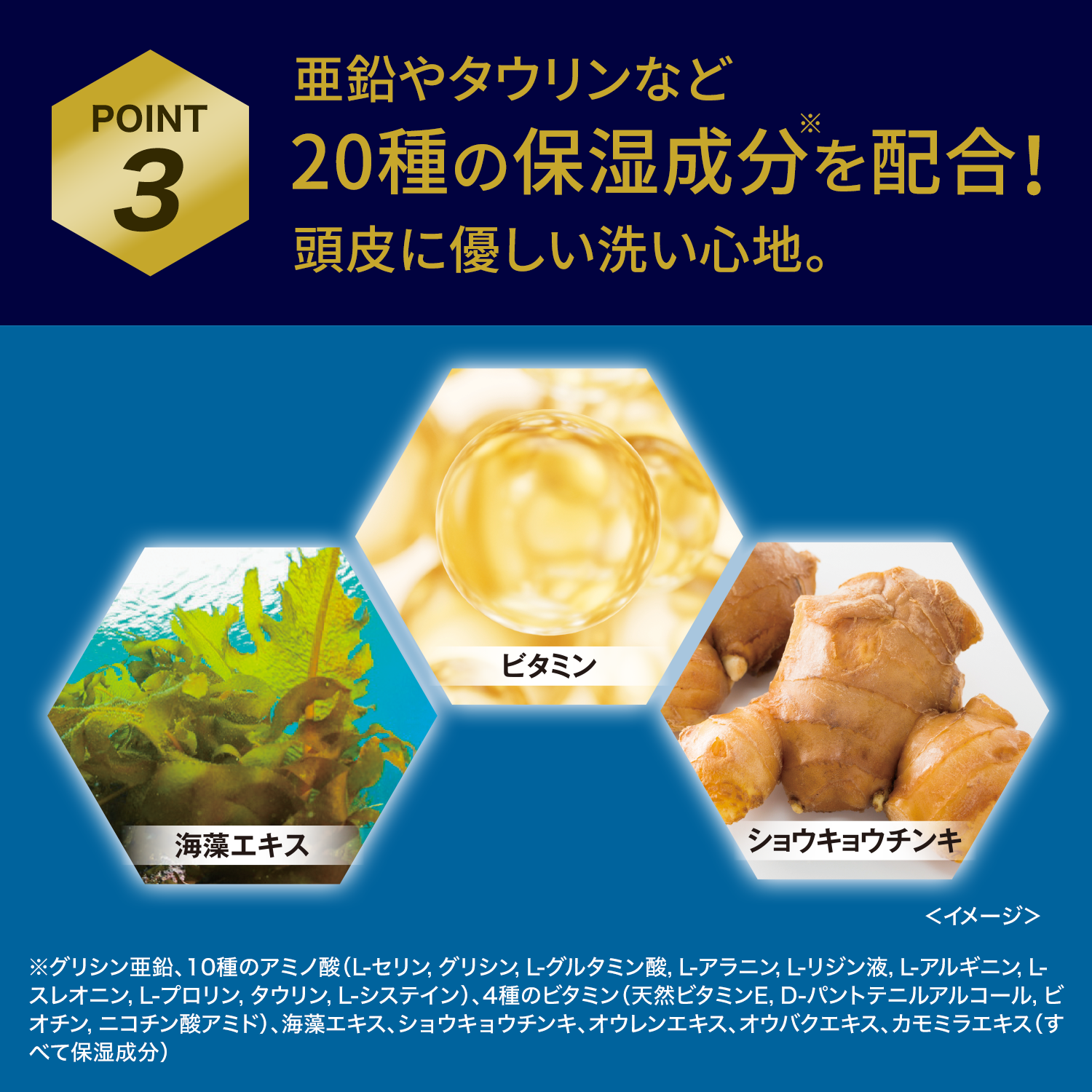 POINT3 亜鉛やタウリンなど、20種の保湿成分を配合！頭皮に優しい洗い心地。