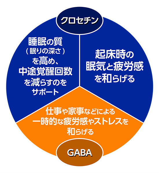 クロセチンが睡眠の質（睡眠の深さ）を高め中途覚醒回数を減らすのをサポートしたり、起床時の眠気と疲労感を和らげる　GABAが仕事や家事などによる一時的な疲労感やストレスを和らげる