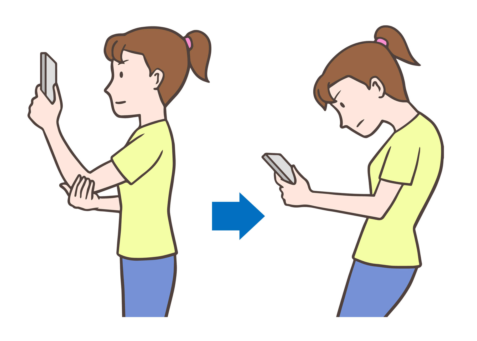 ＜スマホ首を予防する首や肩に負担の少ないスマホの持ち方＞