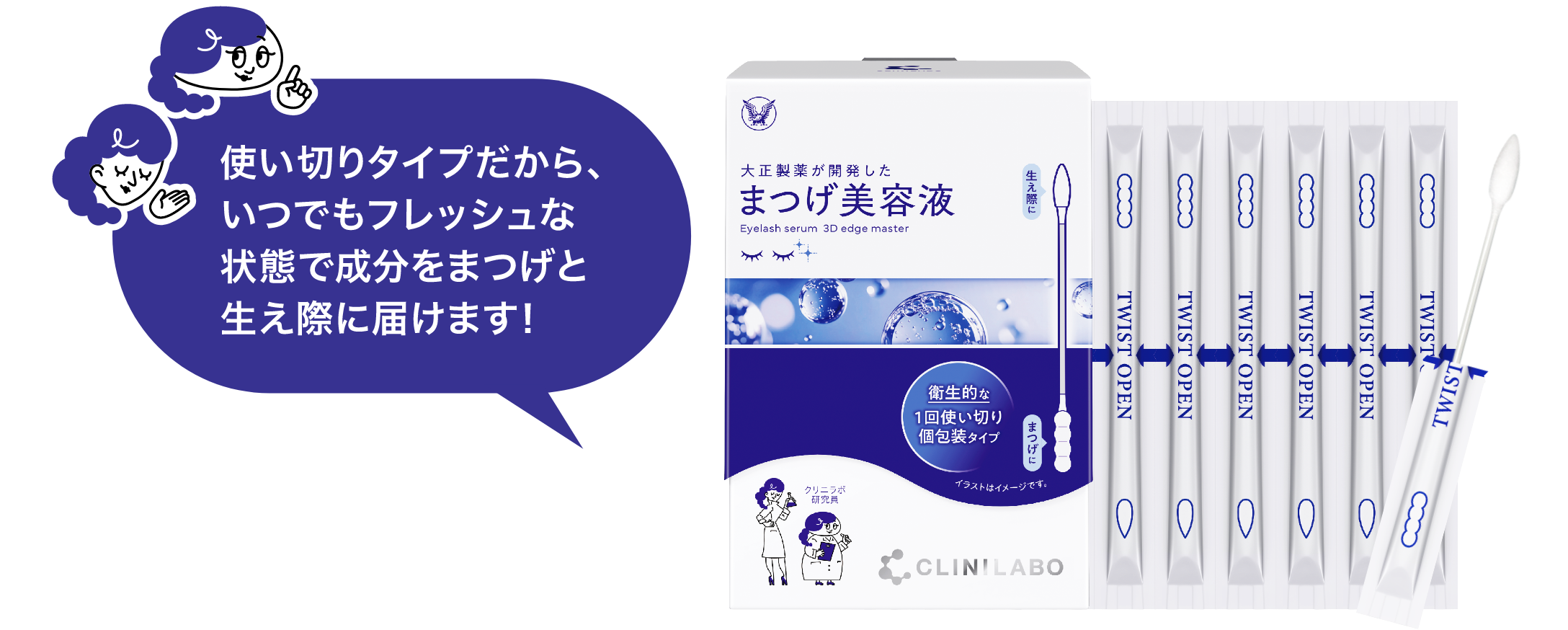 使い切りタイプだから、いつでもフレッシュな状態で成分をまつげと生え際に届けます！