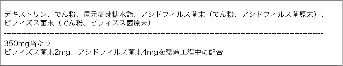 デキストリン、でん粉、還元麦芽糖水飴、アシドフィルス菌末（でん粉、アシドフィルス菌原末）、 ビフィズス菌末（でん粉、ビフィズス菌原末）。350mg当たり ビフィズス菌末2mg、アシドフィルス菌末4mgを製造工程中に配合