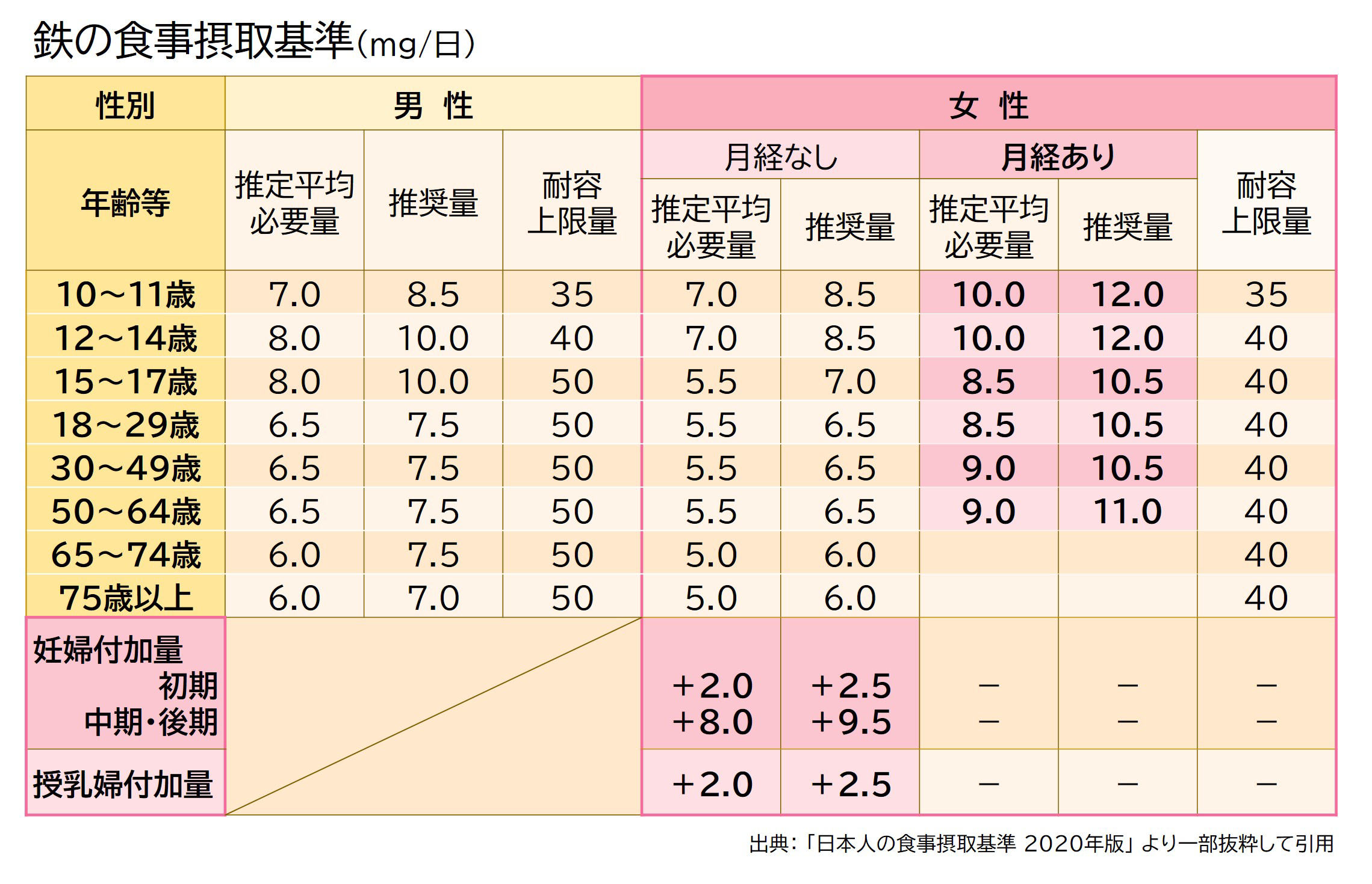 鉄の食事摂取基準表（年齢別男女別の鉄の必要量・推奨量）